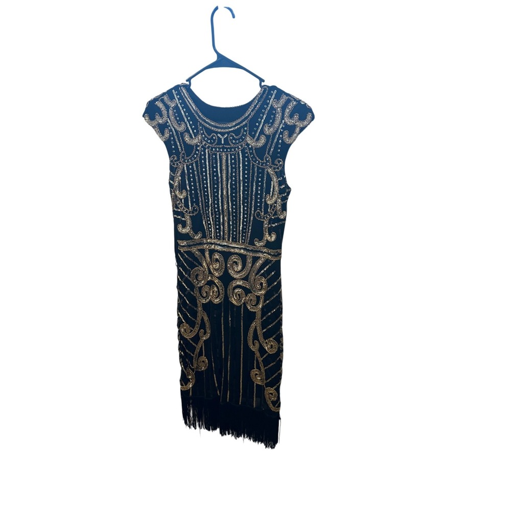 Gold Sequin Flapper Dress‎ Black Mesh Fringe Great Gatsby Art Deco XS